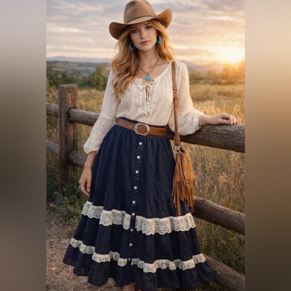 *Gunne Sax - prairie skirt- dark navy blue, lace trim, button front, pockets